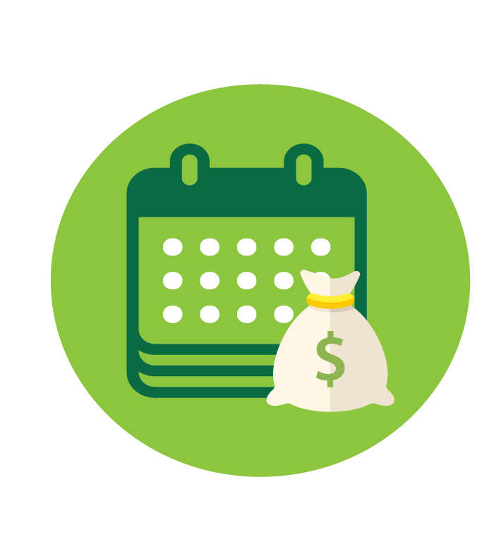 calendar with money bag in green circle